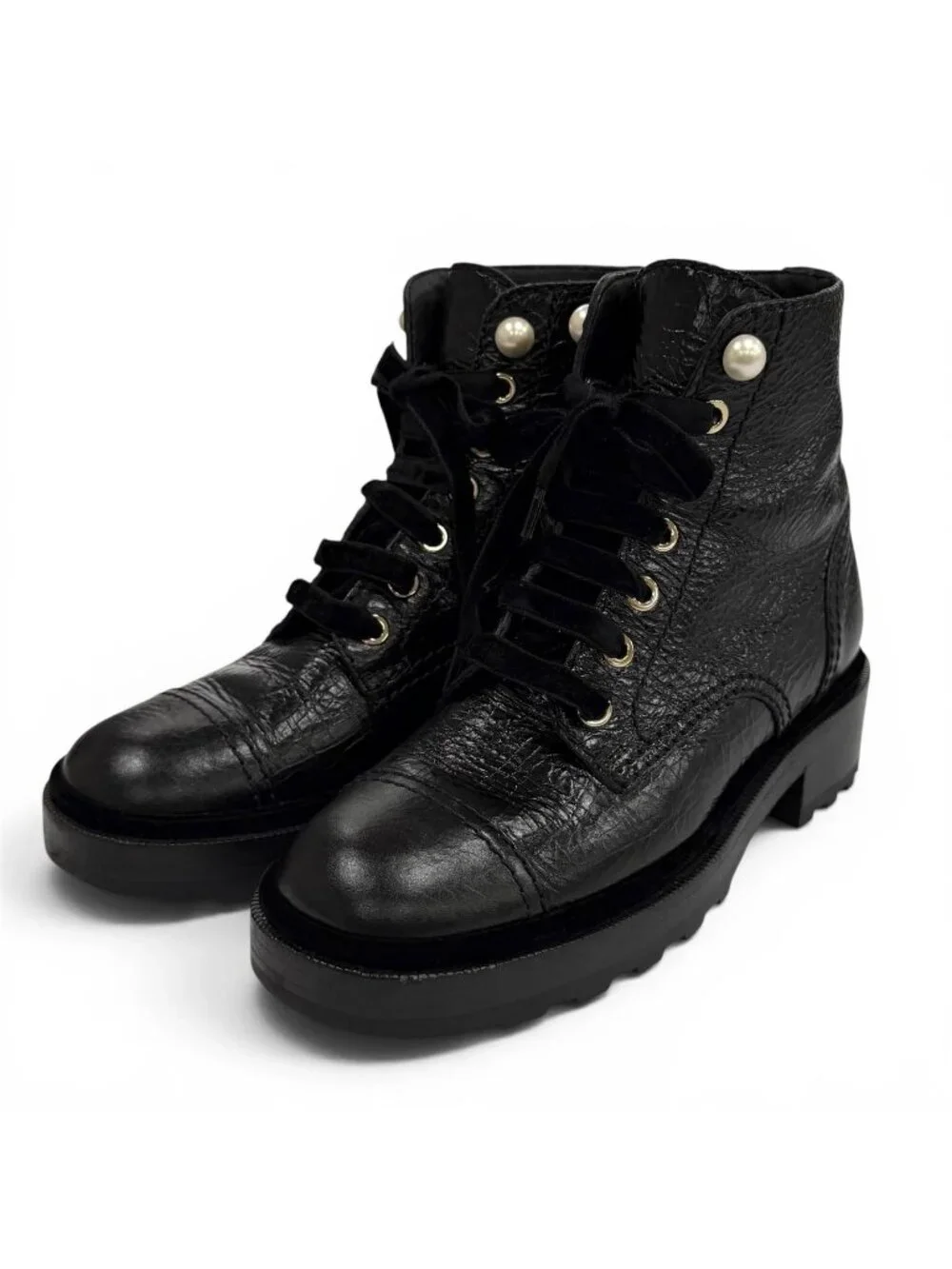 Chanel Faux Pearl with CC Logo Lace-up Leather Engineer Boots Black